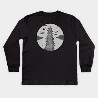 Monochromatic Fir Tree at Night Kids Long Sleeve T-Shirt